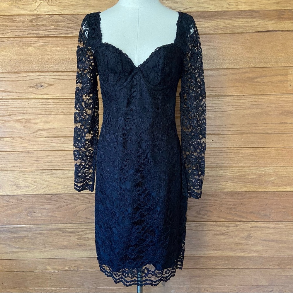 Vintage 90s Moda International black lace bodycon long sleeve mini dress